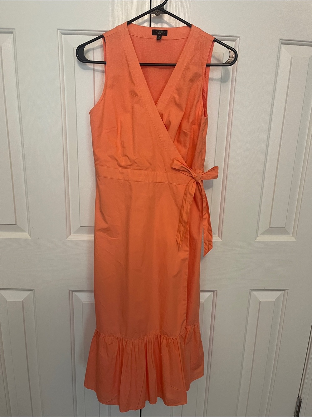 Talbots Coral Peach Sleeveless Wrap Midi Dress with Ruffle Hem 2 P 2P